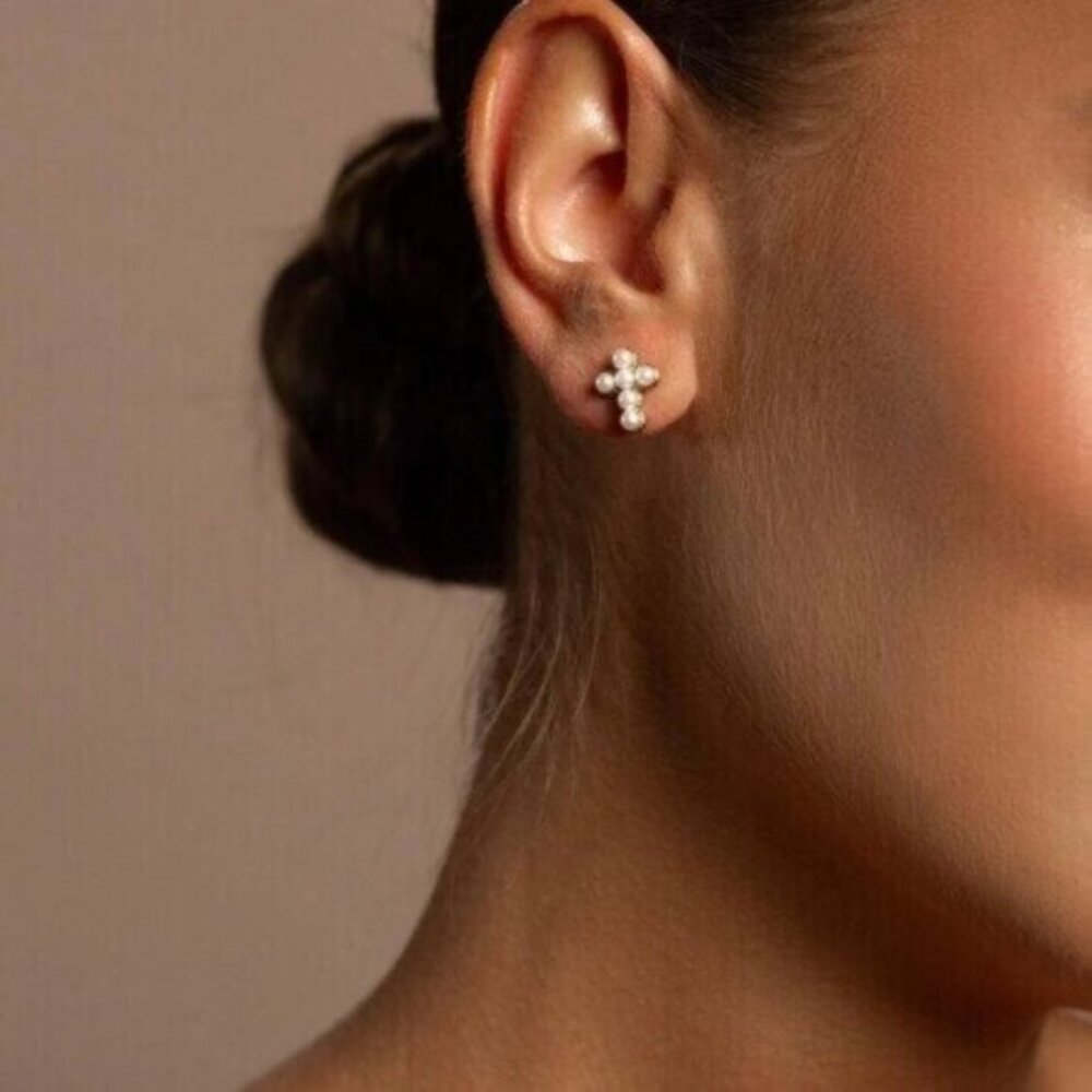 Pearl Cross Stud Earrings Waterproof Everyday stud earrings Pretty Gift for Her